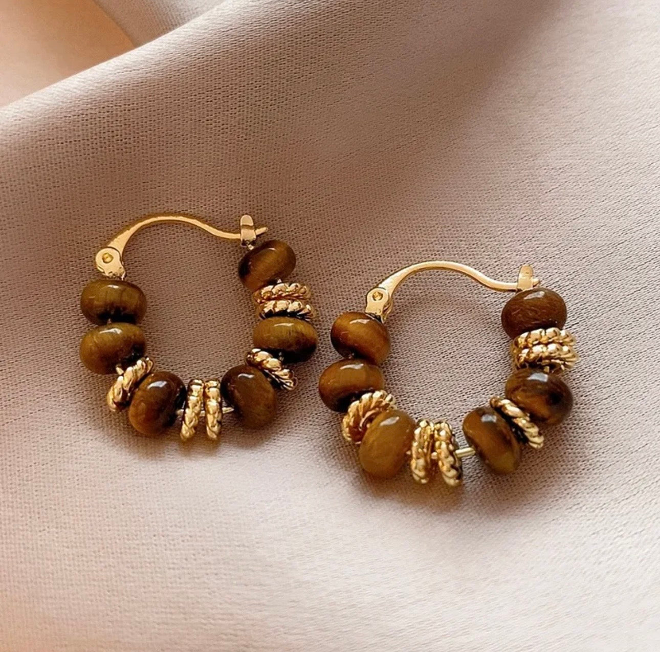 Tiger Eye-Natural Stone Gold Hoop Earrings