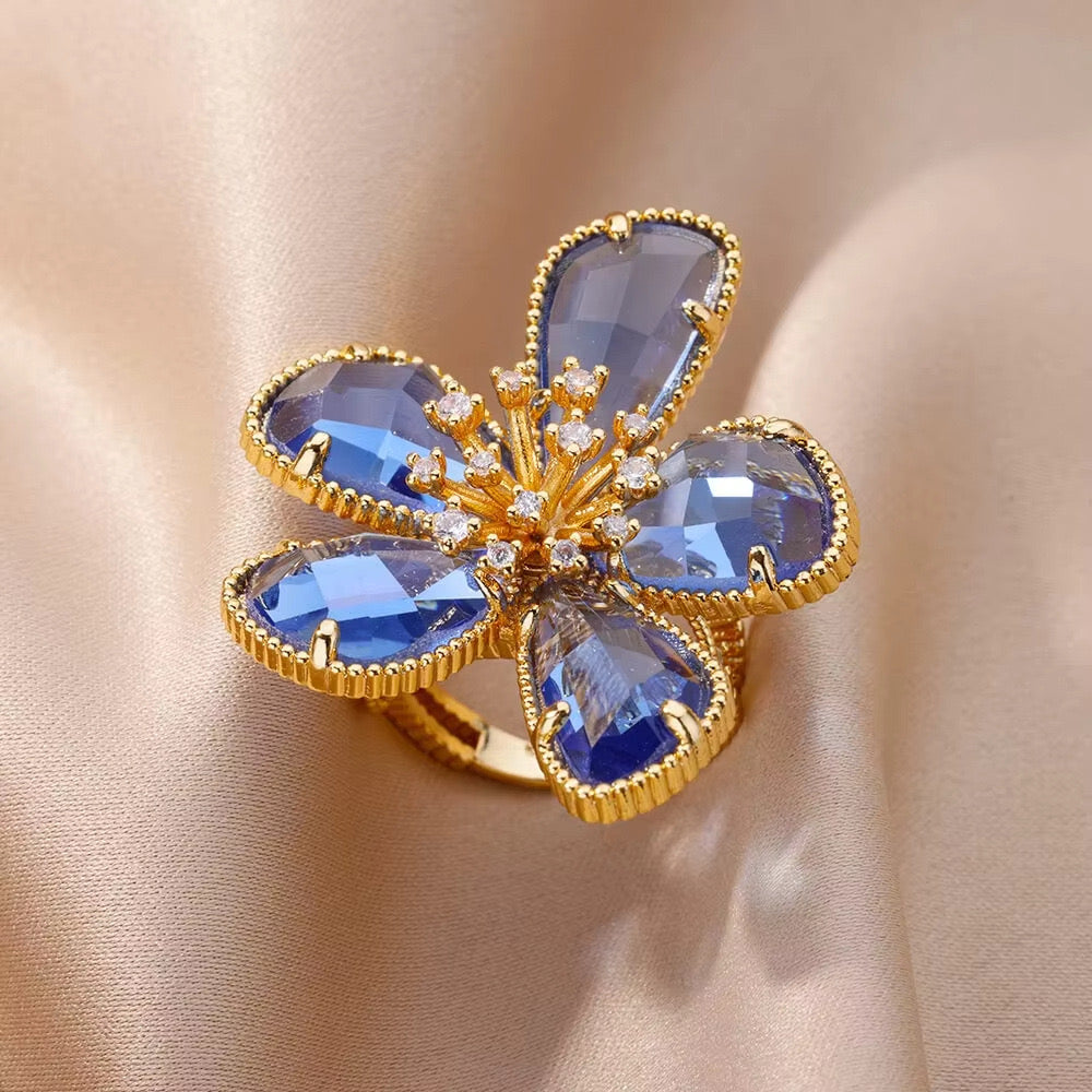 Blue Crystal Flower Adjustable Ring – Real Gold Plated