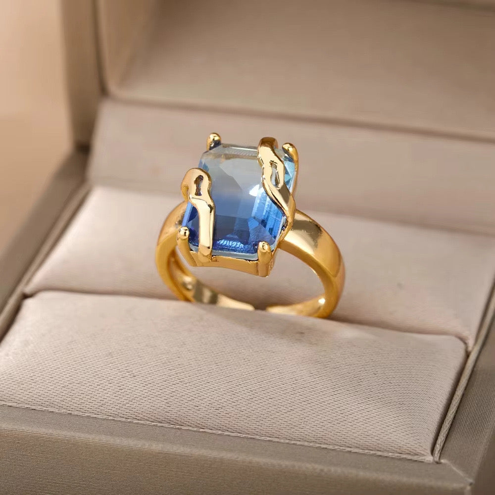 Blue Crystal Statement Adjustable Ring – 18K Gold Plated