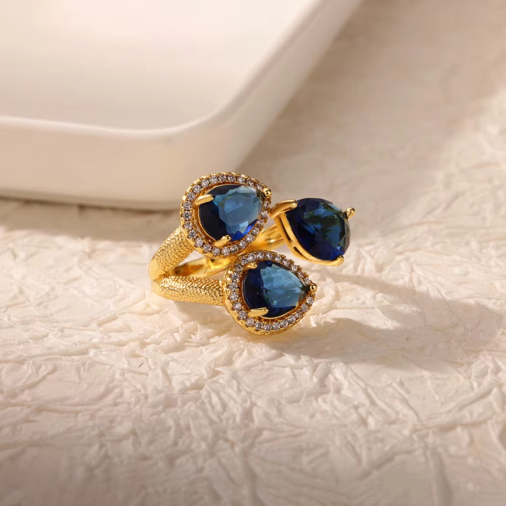 Triple Blue Stone Adjustable Ring – Real Gold Plated